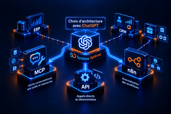 Architecture ChatGPT avec MCP, API, connecteur et n8n