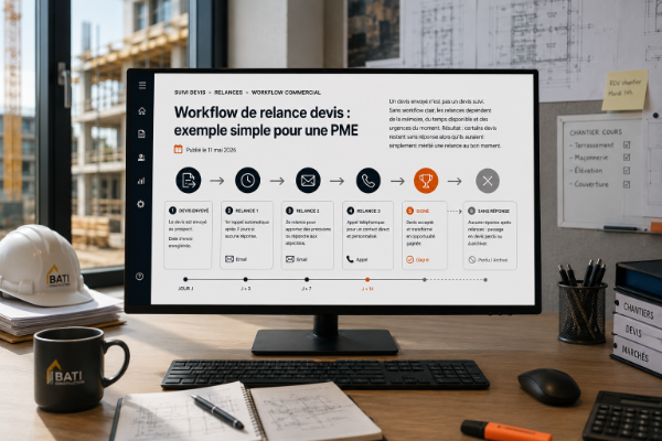 Workflow de relance devis PME avec suivi des statuts, relances et signatures