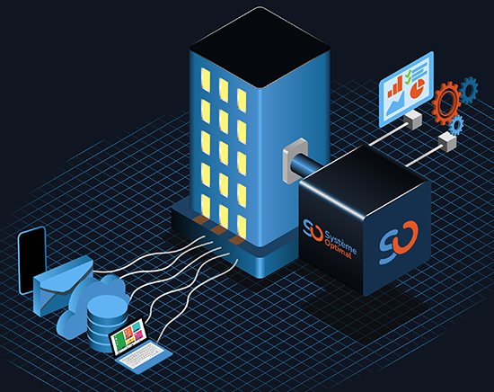 Schéma d’orchestration : entrées métier, cube d’automatisation, indicateurs